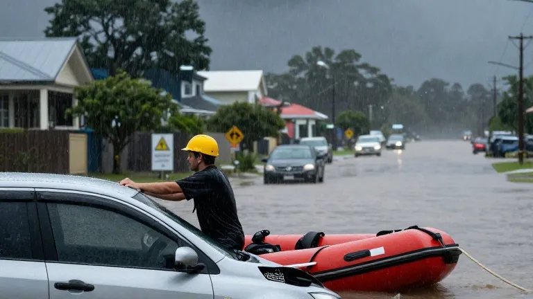 Illustration for: Queensland flood rescues precede storm front across eastern states